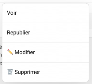 Menu actions gestion annonces